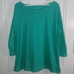 NWT Talbots Teal fringe hem swoop neck top